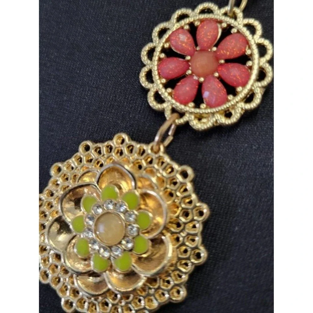 Vintage Mexican Bib Cascade Beaded Pendant Chain Necklace Orange Gold Green Red
